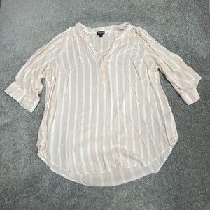 Torrid Harper Shirt Womens 2 Pink White Striped Popover 3/4 Roll Tab Sleeve